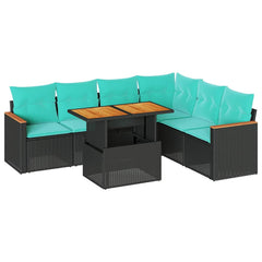7 Piece Patio Sofa Set with Cushions Black Poly Rattan