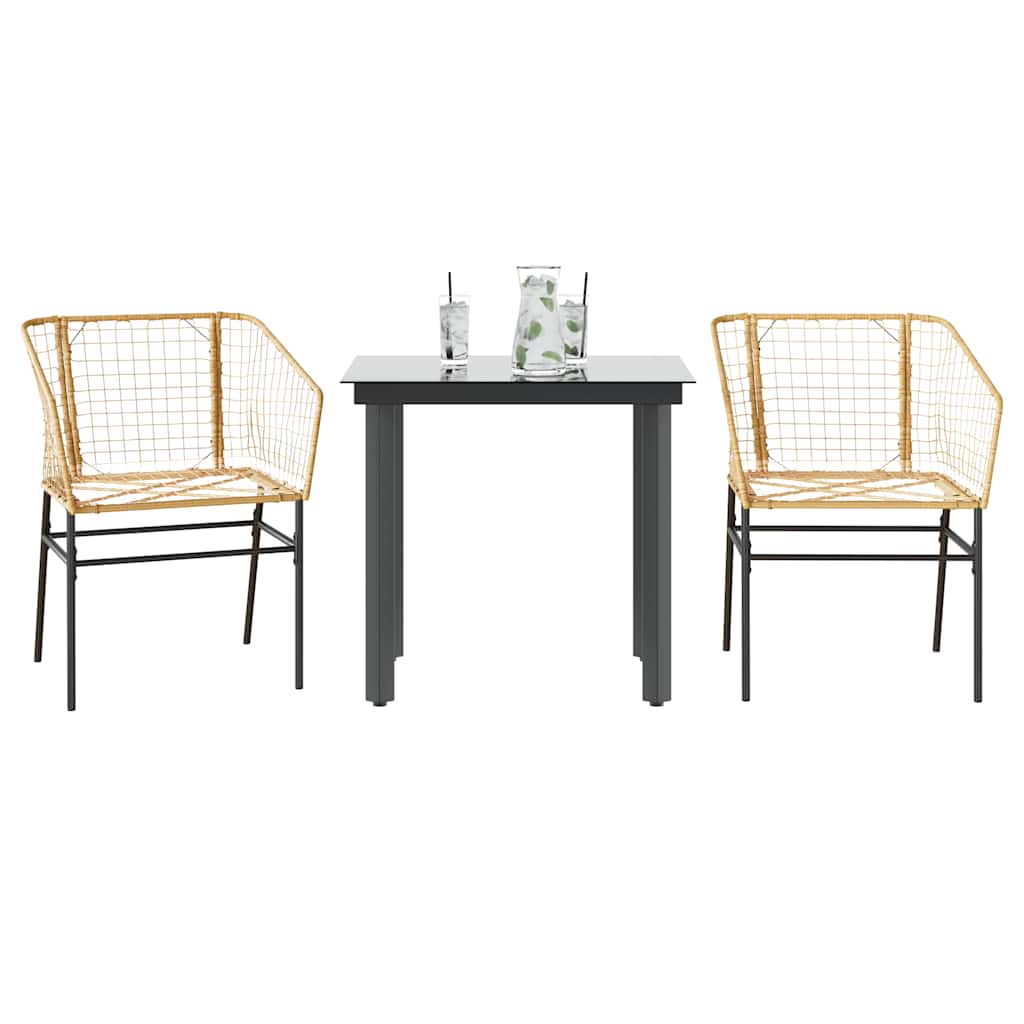 3 Piece Patio Dining Set Brown Poly Rattan Glass