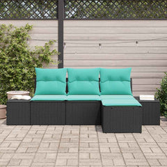 Sofa Set with Cushion 4 pcs Black Synthetic: Poly Rattan