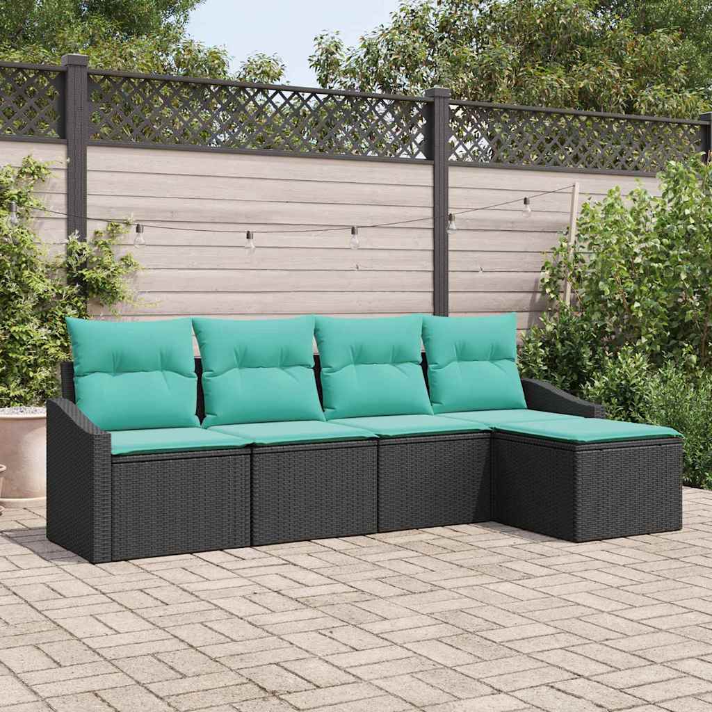 Sofa Set with Cushion 5 pcs Black and Turquoise Poly Rattan