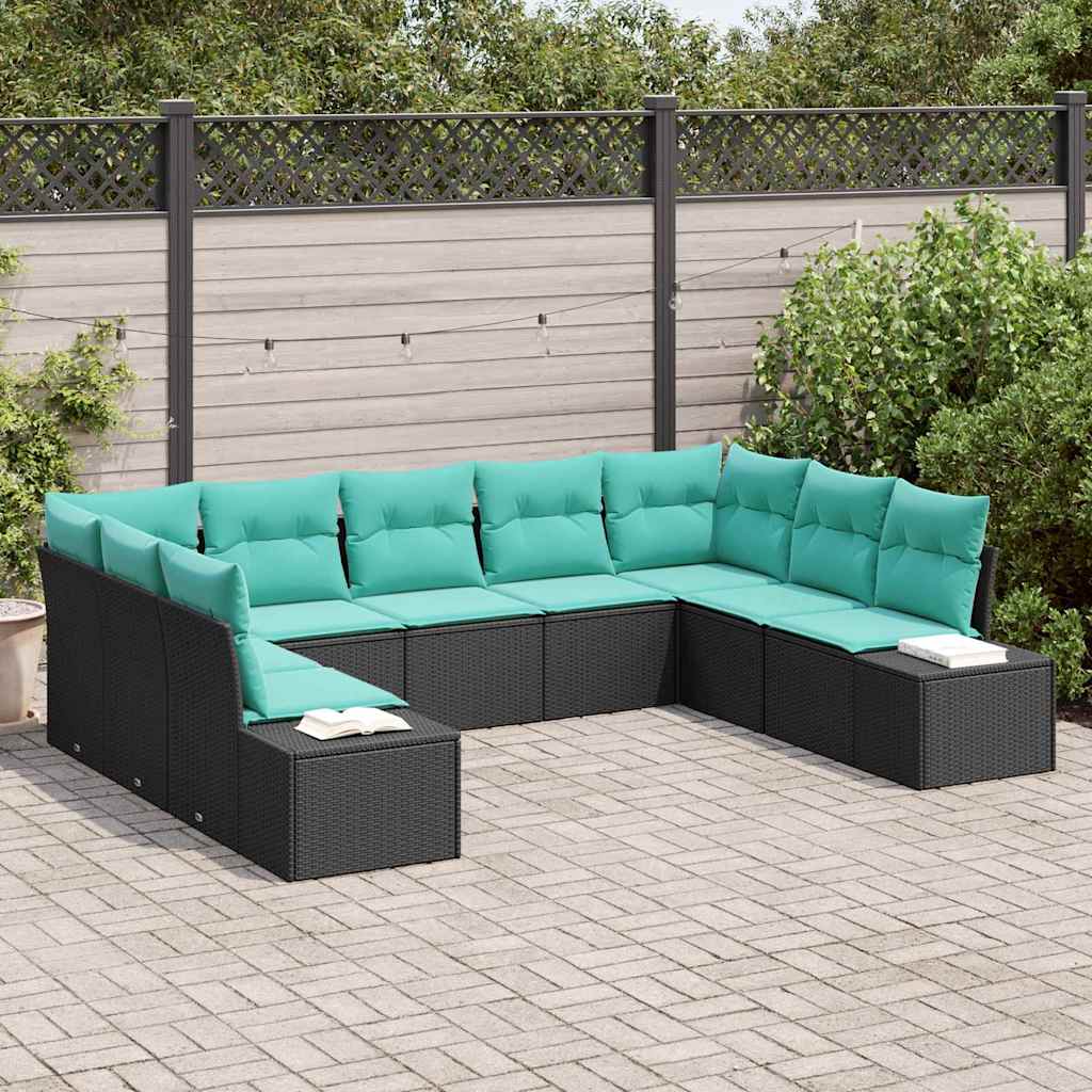Garden Sofa Set 9 pcs Black and Turquoise Poly Rattan