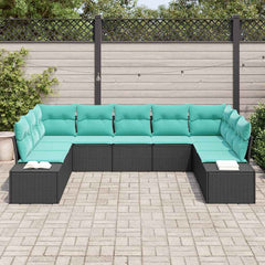 Garden Sofa Set 9 pcs Black and Turquoise Poly Rattan