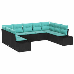 Garden Sofa Set 9 pcs Black and Turquoise Poly Rattan