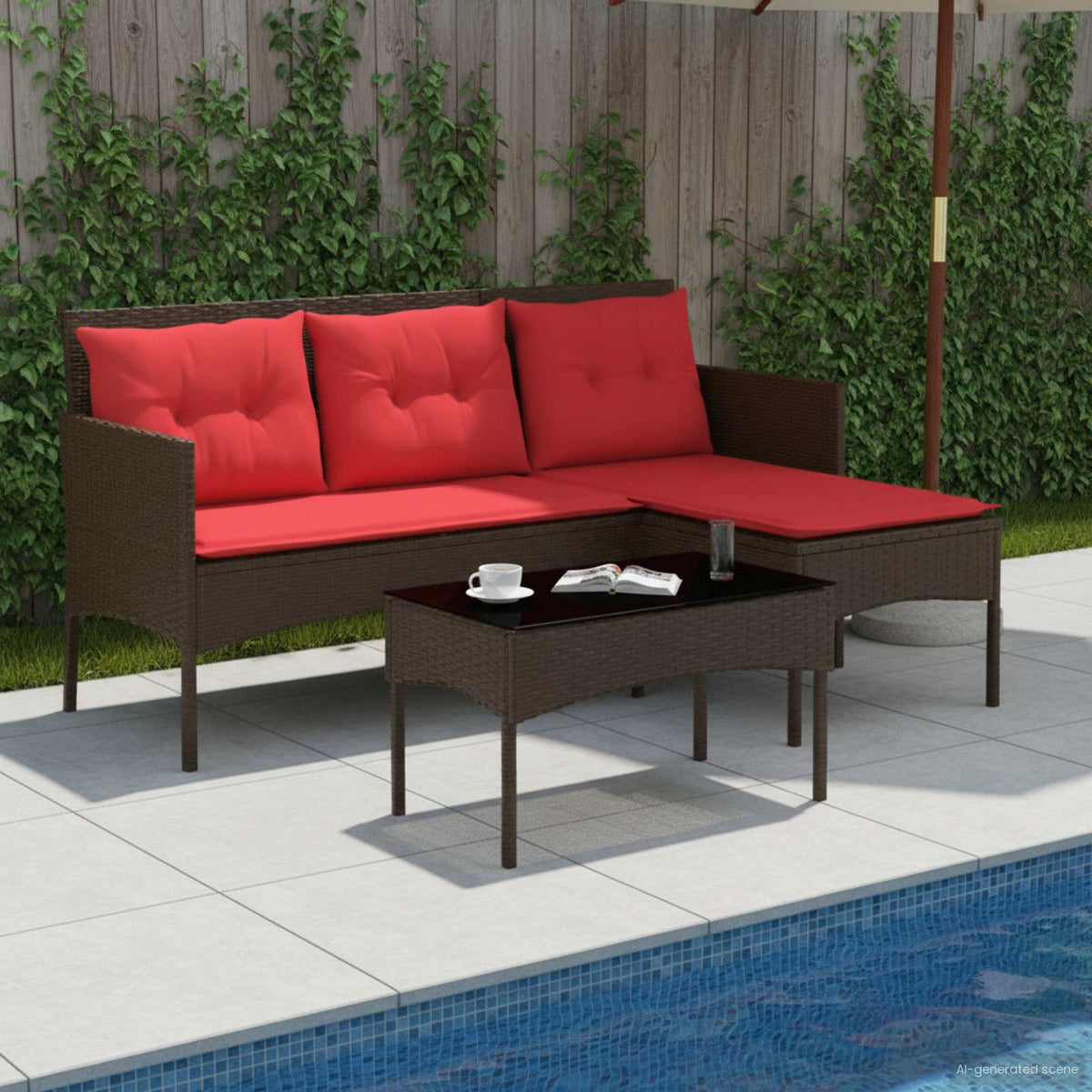 Garden Sofa Set with Cushion 2 pcs Brown and Red Poly Rattan