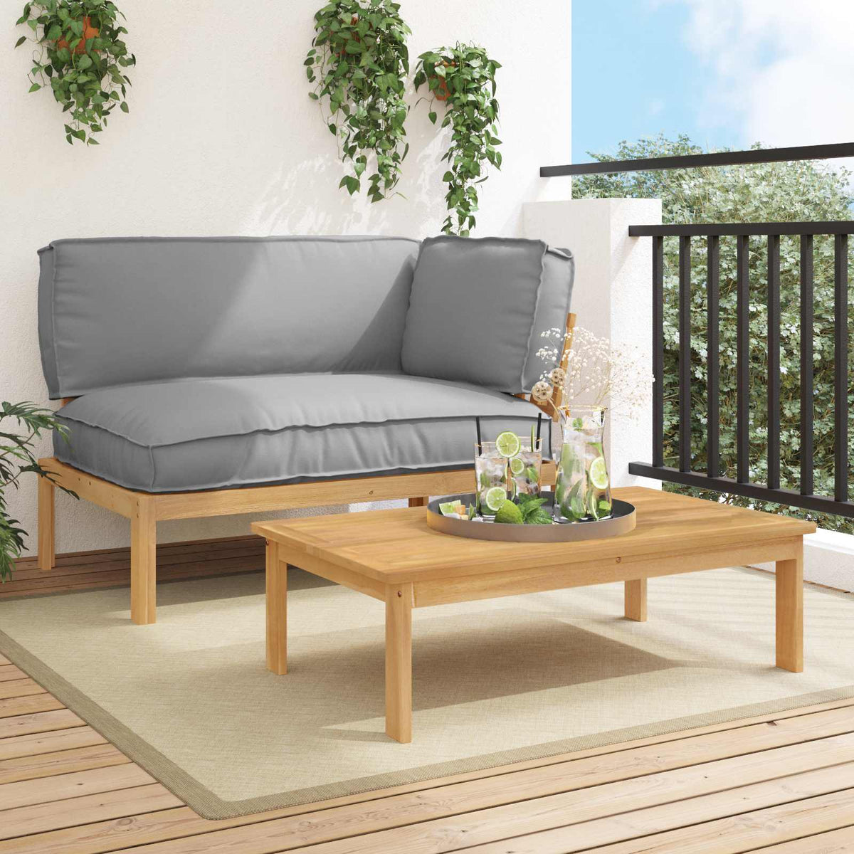 Sofa Set with Cushion Plain Manual 2 pcs Grey Solid Acacia Wood