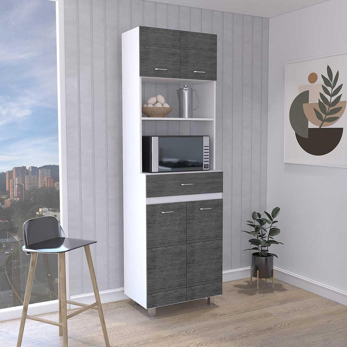 Nirvana Microwave Cabinet, Four Legs, One Drawer, Double Door, One Shelf -White / Smokey Oak