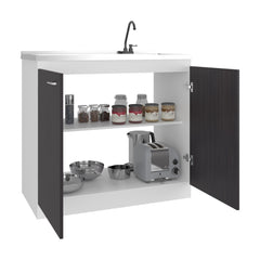 Pulsar Utility Sink with Faucet Inclued and Integrated Stainless Steel Counter top, Freestanding cabinet with two doors, Metal Handles and Two interior shelves, Black & White Print