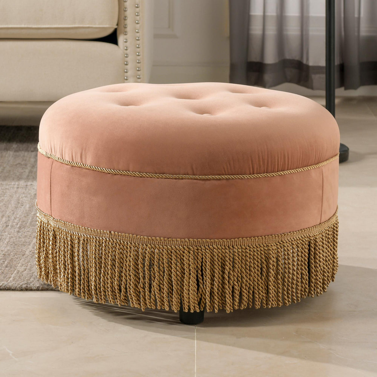 Planet 24" Round Upholstered Accent Ottoman, Peach Orange Velvet with Gold Trim