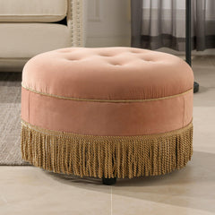 Planet 24" Round Upholstered Accent Ottoman, Peach Orange Velvet with Gold Trim