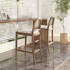 Neptune 30.5" Curved Back Cane Rattan Bar Stool, Set of 2, Ivory White Boucle