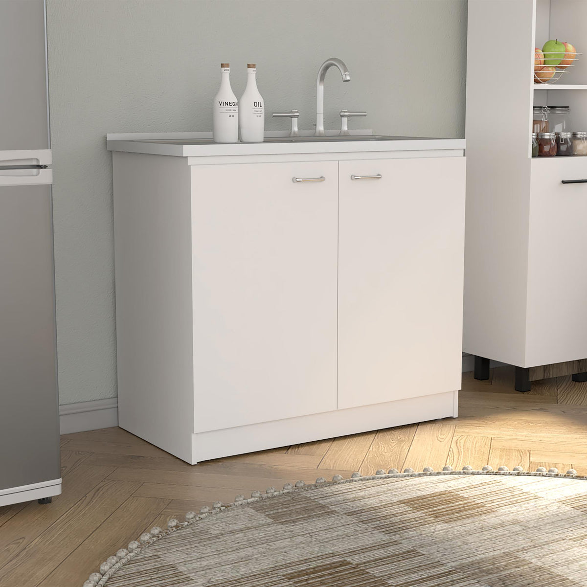 Pulsar Utility Sink With Cabinet, Double Door, One Shelf -White
