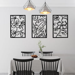 Melody 3 Piece Set Wall Decor, Floral Hollow Out Abstract Design, Black Rectangular Metal Frame