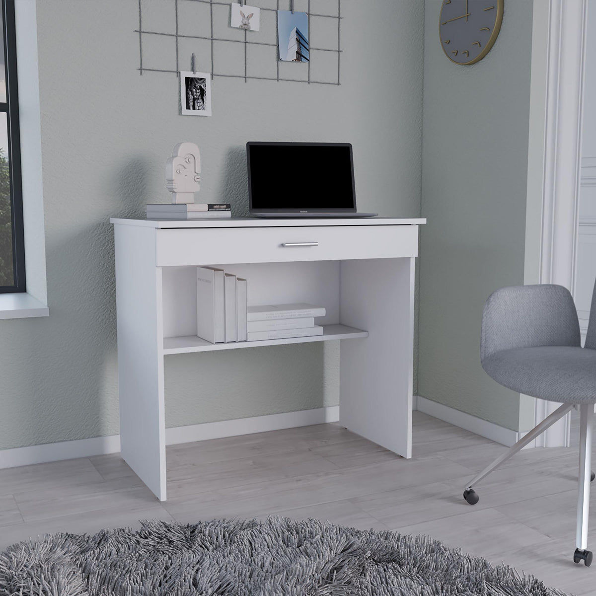 Elysium Storage Desk, Spacious Stylish with Drawer and Shelf, White