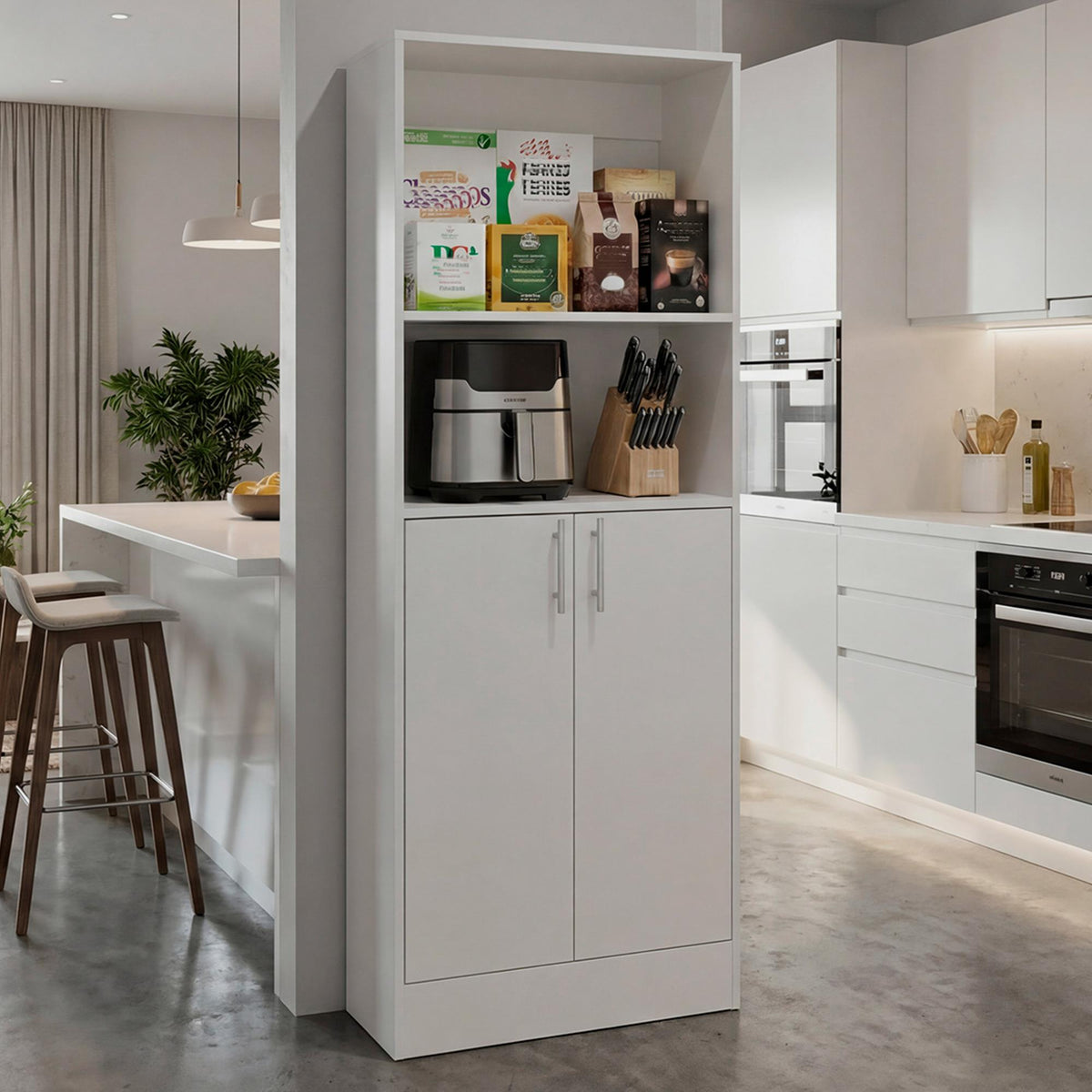 Log Multipurpose Storage Pantry with 2 Upper Open Storage Shelves and, Two Door Cabinet with Interior Storage for Kitchen, Laundry Room or Living Room