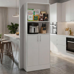 Log Multipurpose Storage Pantry with 2 Upper Open Storage Shelves and, Two Door Cabinet with Interior Storage for Kitchen, Laundry Room or Living Room