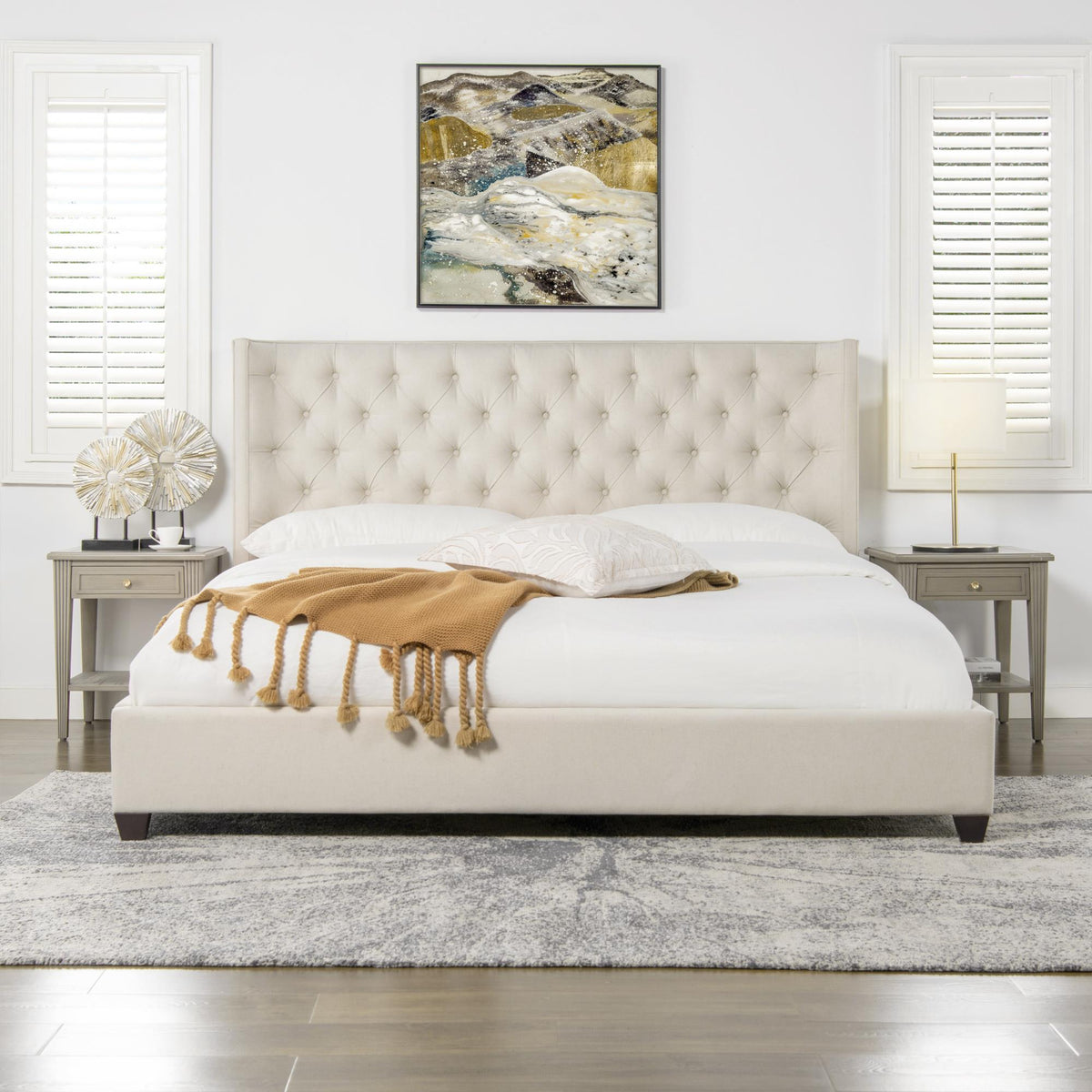 Record Shelter King Platform Bed Frame, Light Beige Linen