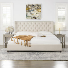 Record Shelter King Platform Bed Frame, Light Beige Linen