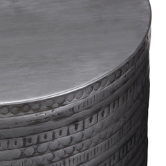 Perseus 15 inch Wide Tribal Pattern Metal Accent Table in Antique Silver