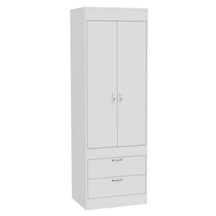 Rhea Armoire, Rod, Double Door, Two Drawers, Metal Handles White