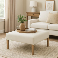 Helen Square Coffee Table Ottoman, Brown Wood, Cream Polyester 36 Inch