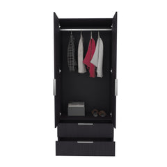 Vertex Armoire Double Doors, Two Drawes, Hanging Rod An Interior Shleves, Wardrobe, Black