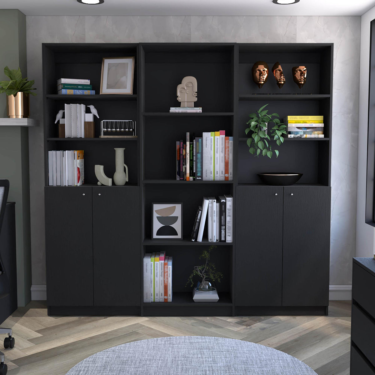 Millennium 3 Piece Home Bookcase set, 74" Wide with 10 Shelves and Two Double-Door Cabinet , Living Room Set Set Black