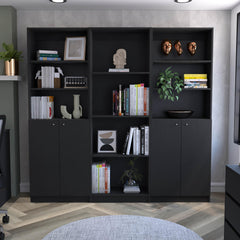 Millennium 3 Piece Home Bookcase set, 74" Wide with 10 Shelves and Two Double-Door Cabinet , Living Room Set Set Black