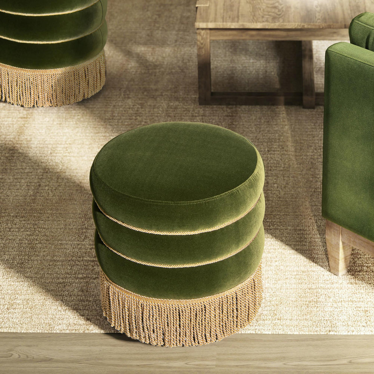 Neptune 17.5" Round Upholstered Ottoman with Bullion Fringe, Olive Green Performance Velvet