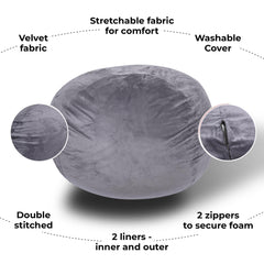 Sanctuary Velvet Bean Bag Chair, Grey-5ft Plush Floor Chair for Kids and Adults w/ Washable Cover, Lounge Chair with Stretchable Fabric, Comfy Bedroom Chair, Filled with Shredded and Memory Foam.