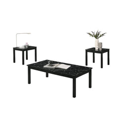 Contemporary Style 3pc Table Set 1x Coffee Table 2x End Table Faux Marble Top Wooden Legs Black Finish Primary Living Room