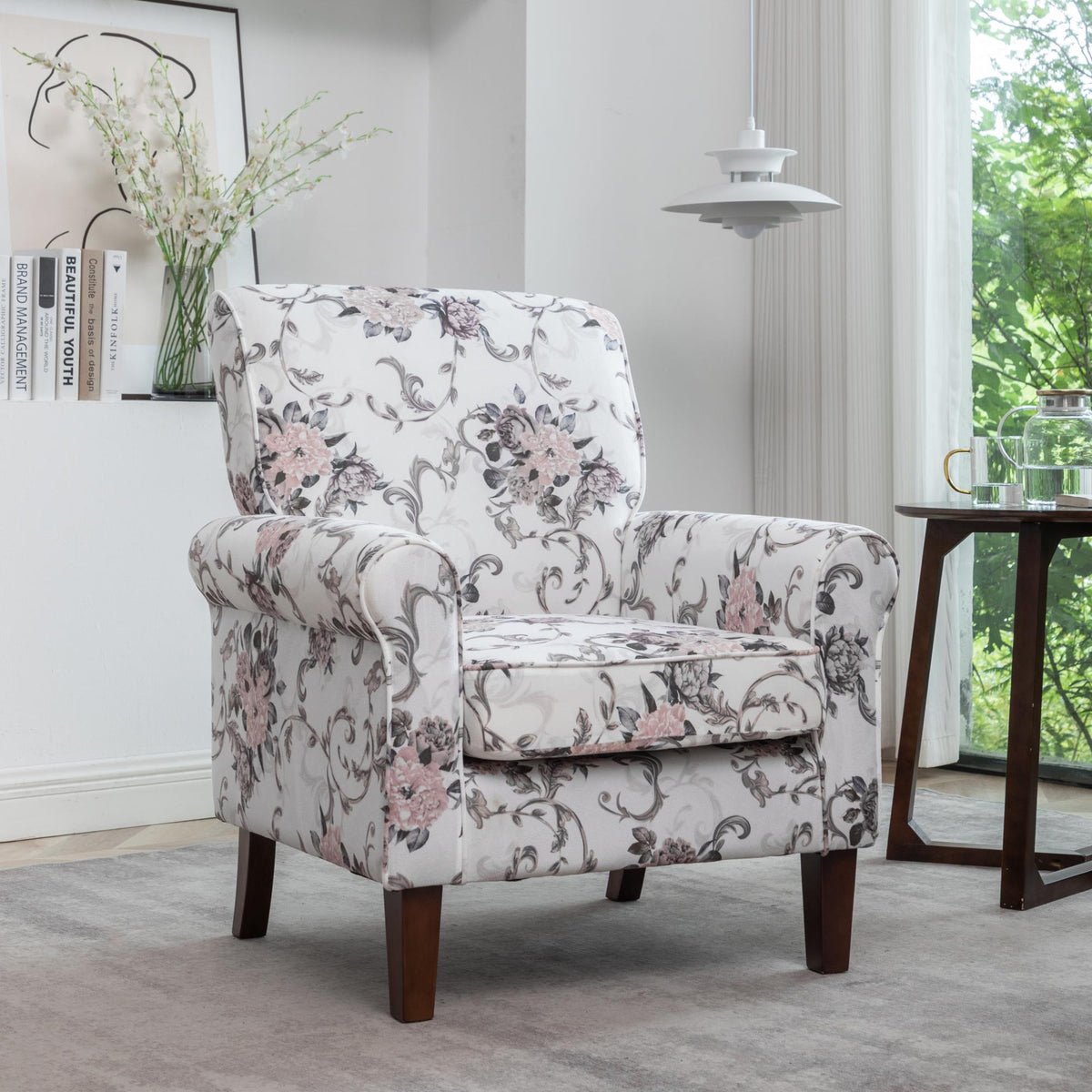 Traditional Rolled Arm Armchair, Solid Birch Wood Frame with Tapered Brown Legs, Polyester Blend Printed Cloth Upholstered Chair with Foam Filled Seat for Living Room Office