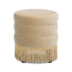 Neptune 17.5" Round Upholstered Ottoman with Bullion Fringe Fawn Brown Performance Velvet