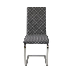 Quasar Contemporary Style Side Chairs Set of 2, Gray Faux Leather Diamond Pattern Stitching Chrome Metal Finish Dining Room Furniture
