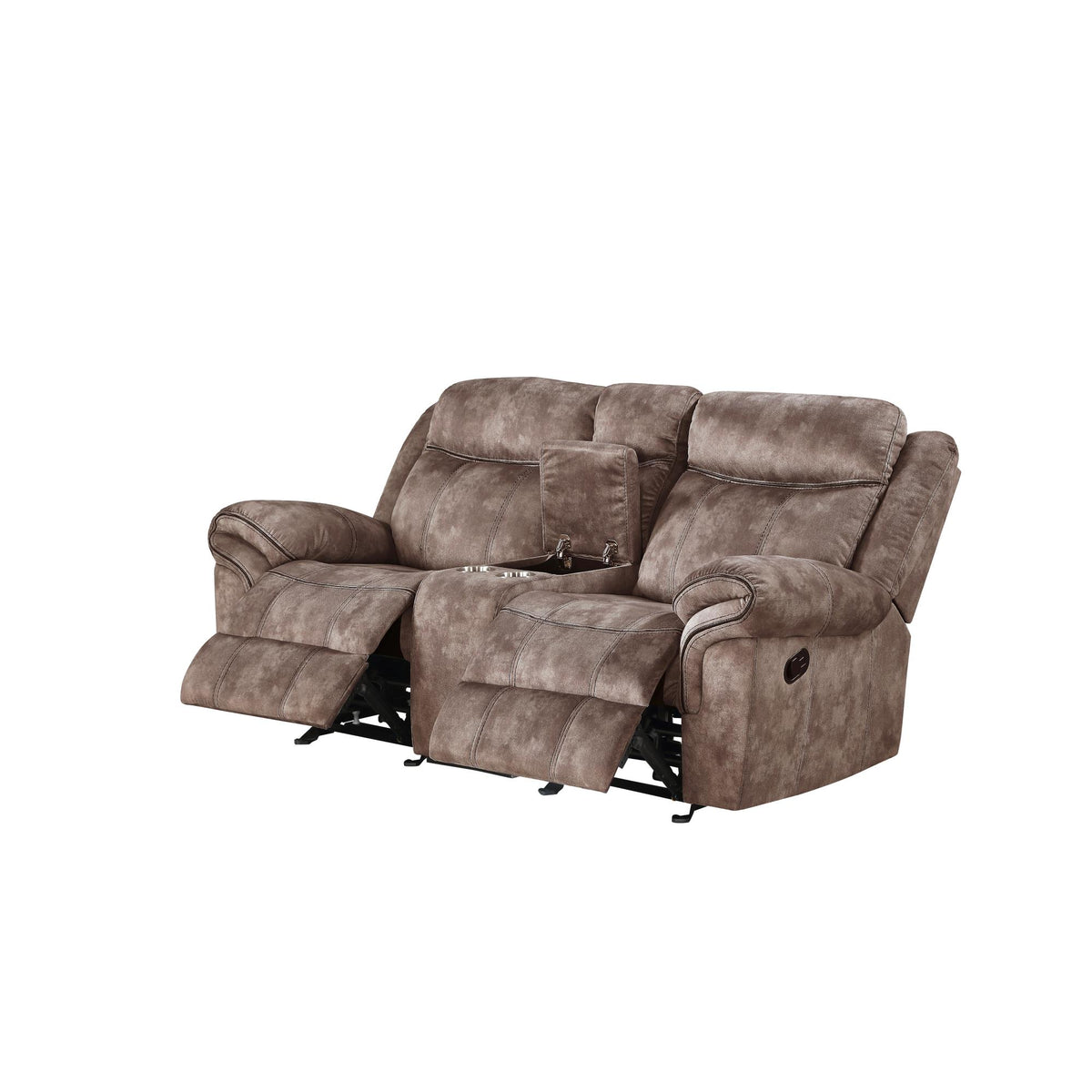 Haven Two Tone Chocolate Velvet Recliner Loveseat w/USB Port & Console
