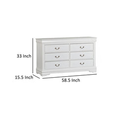 Crest Wide Dresser Chest, 6 Drawers, Nickel Metal Handles, White Solid Wood