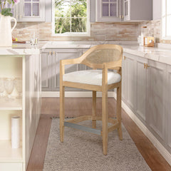 Ares Mid-Century Modern 26" Cane Back Counter Stool, Ivory White Boucle
