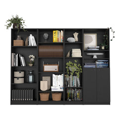 Nebula 4 Piece Home Bookcase set, 91" Wide with 17 Shelves And a Double-Door Cabinet , Living Room Set Black