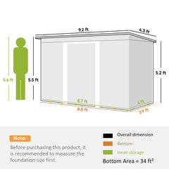 9' x 4' Metal Outdoor Storage Shed, Tool House with Double Lockable Doors for Backyard, Patio, Lawn, Garage, Dark Gray