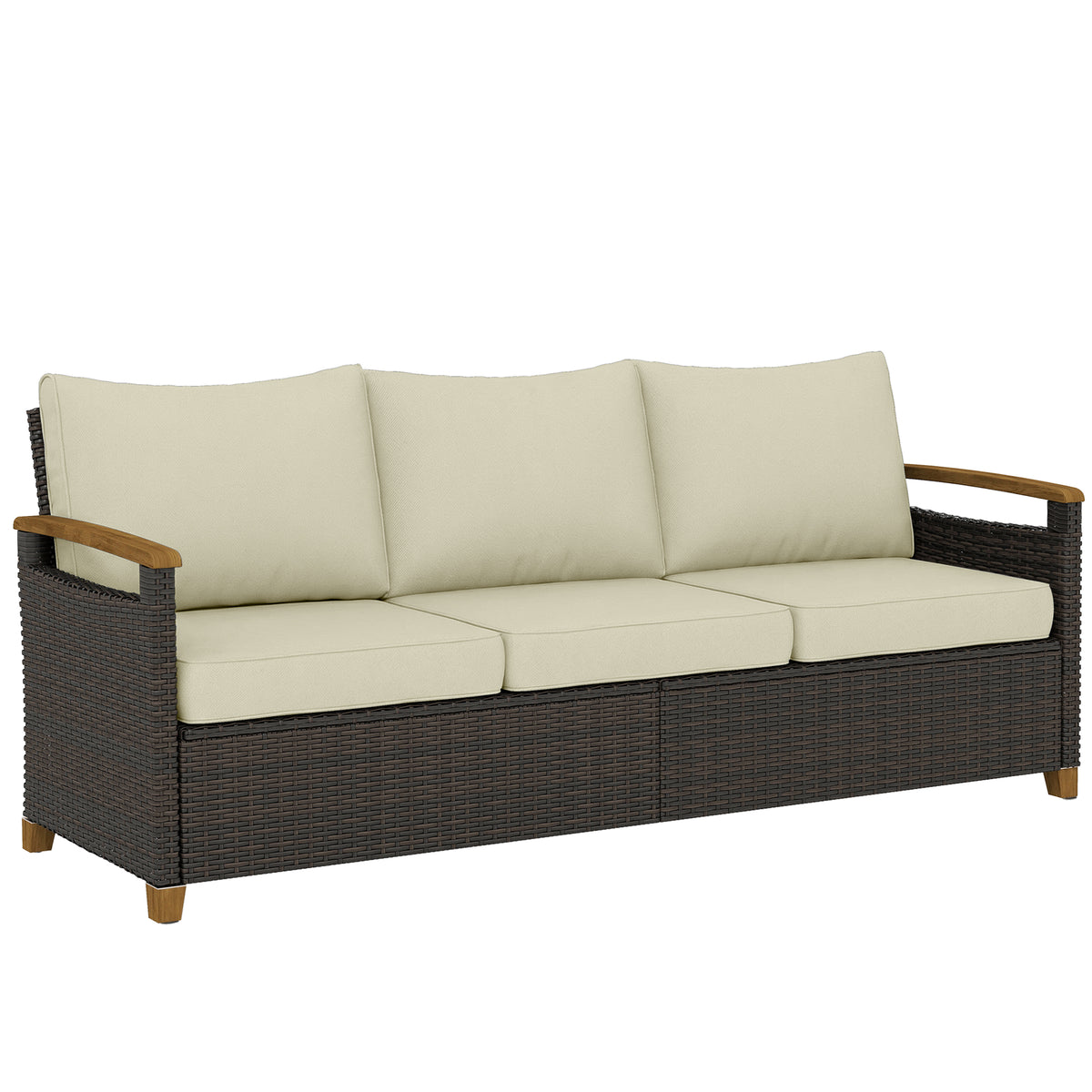 3 Seater Outdoor Couch Sofa, PE Wicker Patio Sofa, Wide Deep Seat, 4" Cushions, Wood-Effect Armrests Legs, Beige