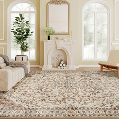 Area Rug 8x10, Machine Washable Rug, Non-Slip Classical Floral Print Floor Carpet for Living Room, Bedroom, Mixed-Brown