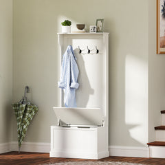 Hall Tree with Coat Rack, Storage, and Sitting Bench, Cream White