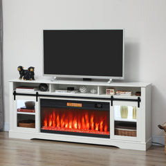 Fireplace TV Stand for TVs Up to 80 Inch, TV Console with Electric Fireplace, Open Storage and Side Cabinets, White