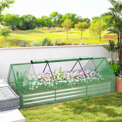 8.6 x 3 x 1ft Raised Garden Bed with Mini Greenhouse, Galvanized Raised Garden Bed with Cover for Herbs and Vegetables, Small Greenhouse for Patio Garden Balcony, Green and Silver