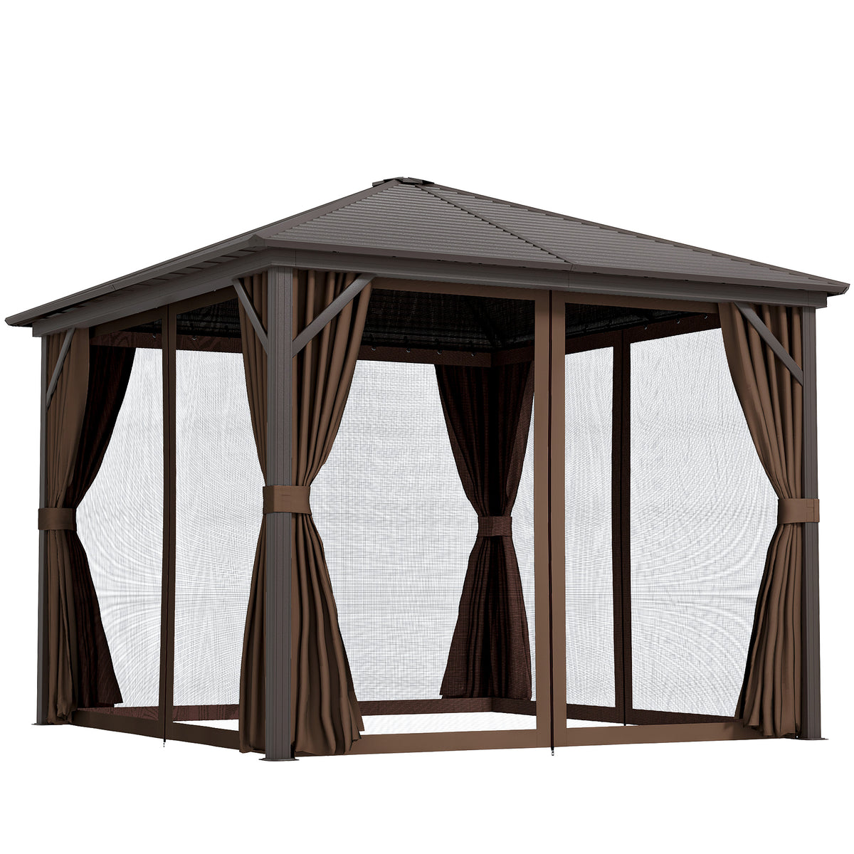 10' x 10' Hardtop Gazebo Canopy, Permanent Pavilion with Hook, Curtains, Aluminum Frame for Patio, Garden, Dark Brown