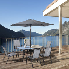 8 Pieces Patio Furniture Set with 9Ft Patio Umbrella, Outdoor Dining Table and Chairs, 6 Chairs, Push Button Tilt and Crank Parasol, Tempered Glass Top, Gray