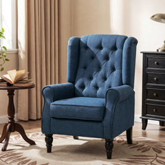 Fabric Tufted Club Accent Chair with Wooden Legs, Blue