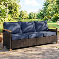 3 Seater Outdoor Couch Sofa, PE Wicker Patio Sofa, Wide Deep Seat, 4" Cushions, Wood-Effect Armrests Legs, Dark Blue
