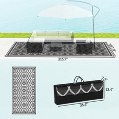 Reversible Outdoor Rug, Waterproof Plastic Straw with Carry Bag, 9' x 18', Black & White Lantern
