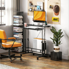 Adjustable Standing Desk with Power Outlets, Stand Up Desk with Tiltable Tabletop, Wheels, Shelf, for Home Office, Black