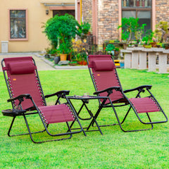 Zero Gravity Chair Set with Side Table, Folding Reclining Chair with Cupholders & Pillows, Adjustable Lounge Chairs for Pool, Backyard, Lawn, Beach, Wine Red
